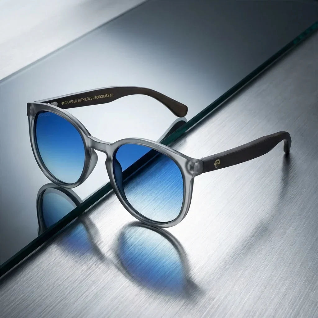 Lentes sol Meli TSP polarizados UV400 bio-acetato TSP degrade azul sobre metal brushed detalle lente Bonoboss #editorial_polarizado #color_degrade-azul