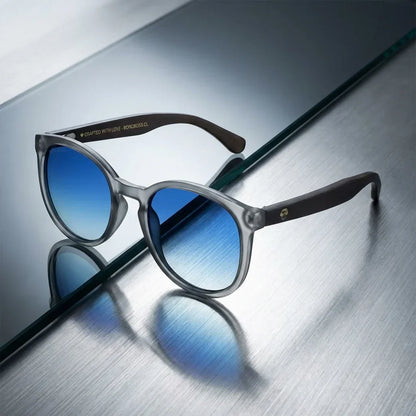 Lentes sol Meli TSP polarizados UV400 bio-acetato TSP degrade azul sobre metal brushed detalle lente Bonoboss #editorial_polarizado #color_degrade-azul