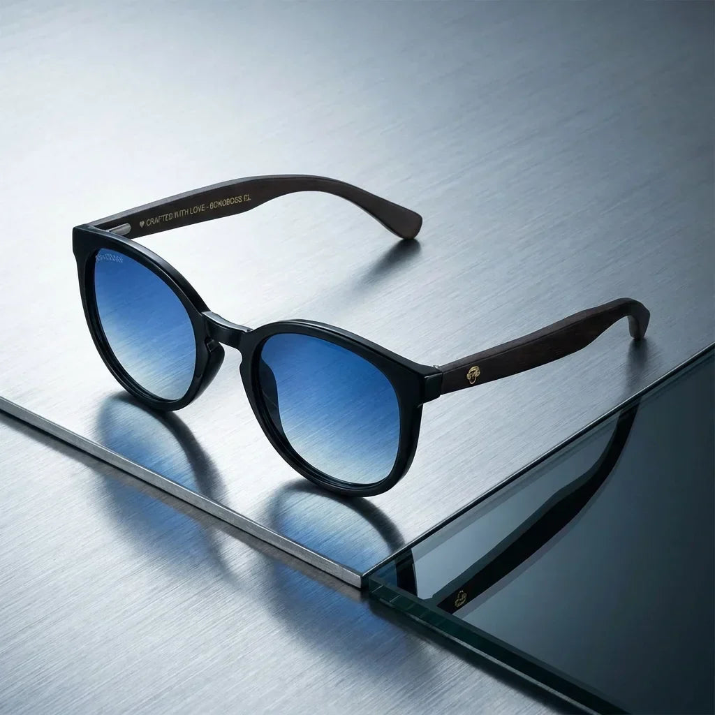 Lentes sol Meli Dark polarizados UV400 bio-acetato Degrade Azul sobre superficie metal brushed Bonoboss #editorial_grid1 #color_degrade-azul