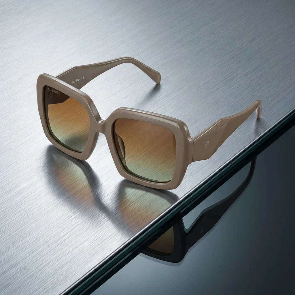 Lentes sol Alaska polarizados UV400 brown sobre superficie metal brushed industrial Bonoboss #editorial_grid1 #color_brown