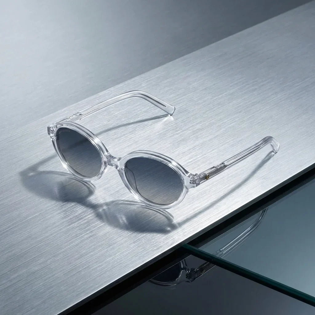 Lentes sol Guapi Island polarizados UV400 bio-acetato transparente sobre metal cepillado industrial premium Bonoboss #editorial_grid1 #color_transparente