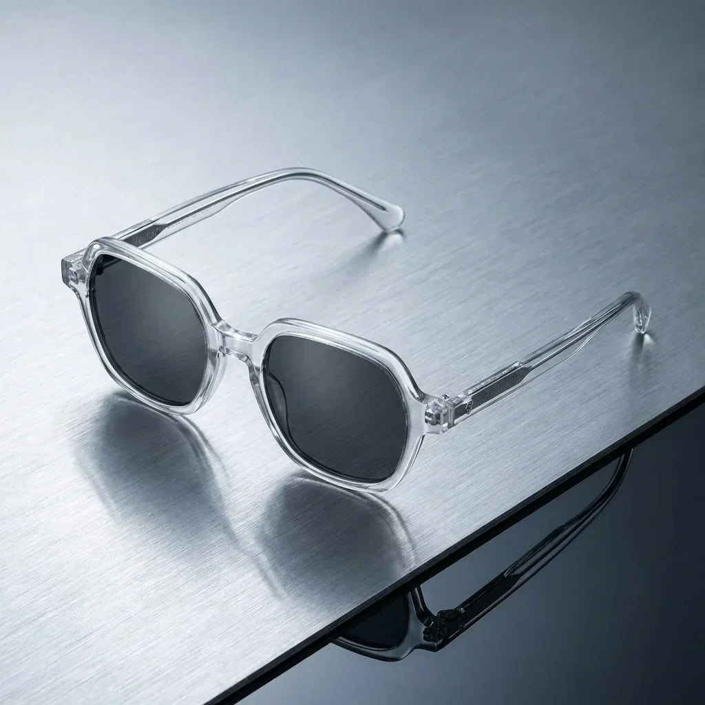 Lenses sun canarias polarized UV400 bio-acetate clear sobre brushed metal industrial surface bonoboss #editorial_grid1 #color_transparente