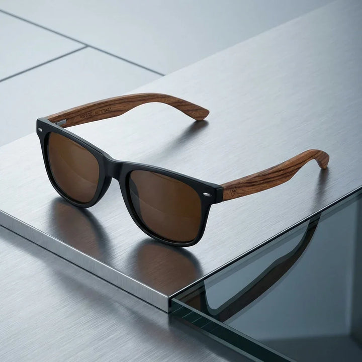 Lenses sun acacia polarized UV400 wood zebrawood black brown sobre brushed metal industrial surface bonoboss #editorial_grid1 #color_negro-brown