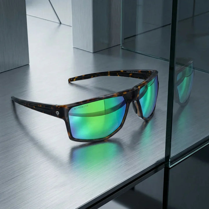 Lenses sun ollie polarized UV400 bio-acetate mirrored green sobre metal brushed reflejo lente premium bonoboss #editorial_polarizado #color_espejado-verde