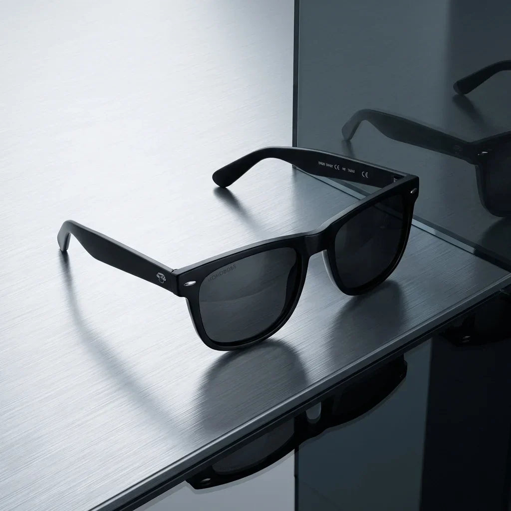 Lentes sol Acacia XL Vintage Sol Polarizado UV400 negro sobre superficie metal brushed industrial Bonoboss #editorial_grid1 #color_negro