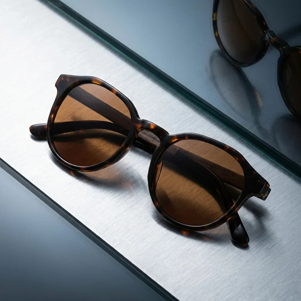Lenses sun galapagos polarized UV400 wood nogal tortoise sobre brushed metal industrial surface bonoboss #editorial_grid1 #color_carey