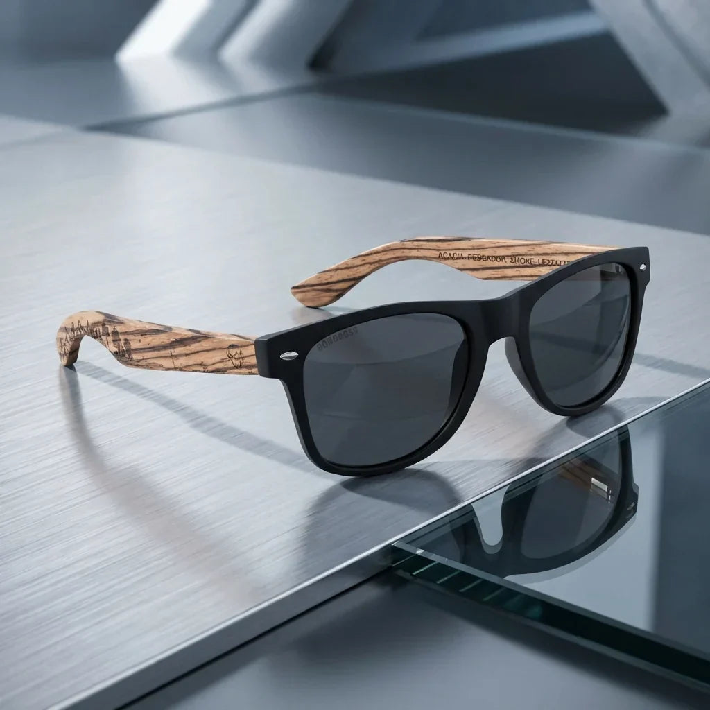 Lentes sol Acacia Designers polarizados UV400 fisherman sobre superficie metal brushed industrial Bonoboss #editorial_grid1 #color_fisherman