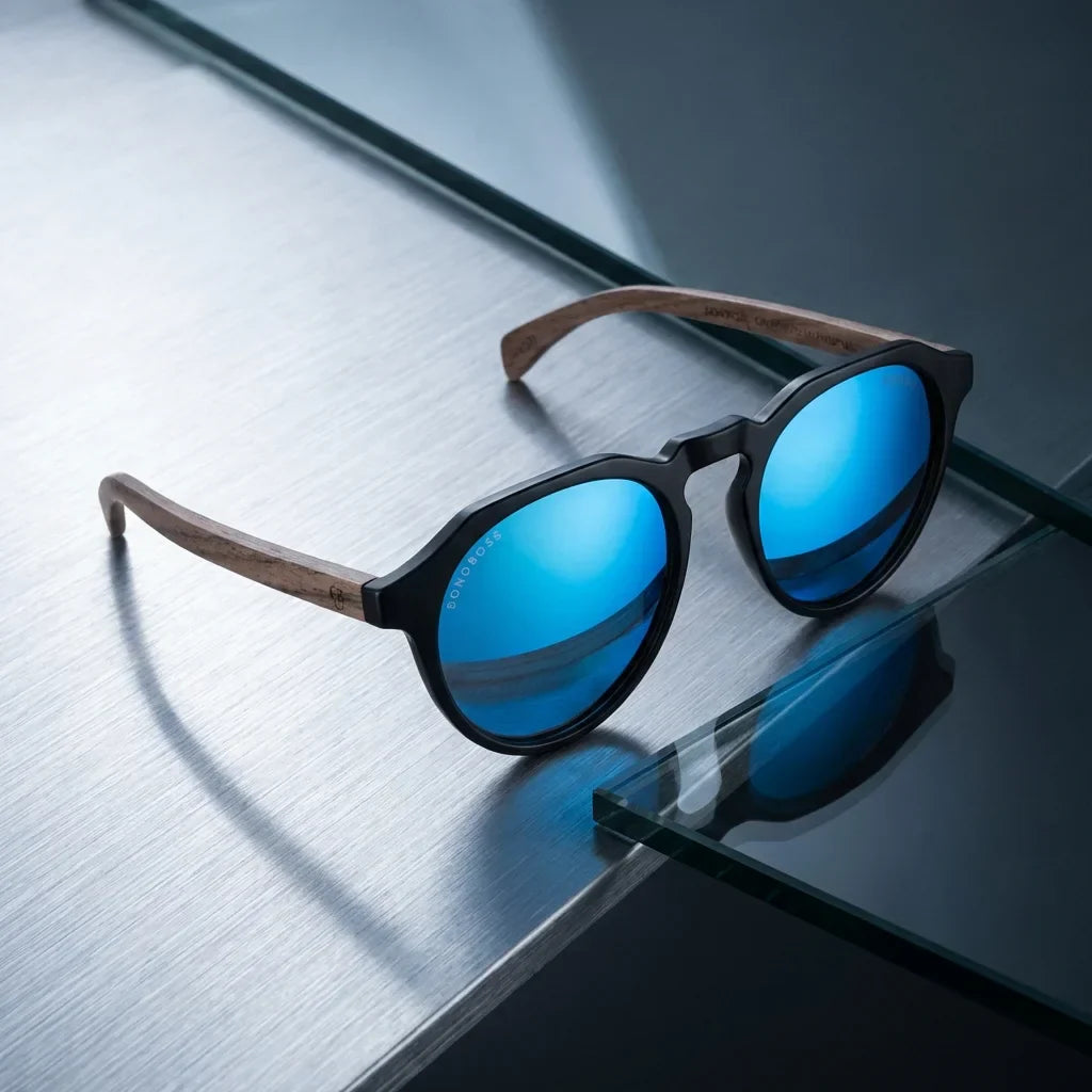 Lentes sol Galapagos polarizados UV400 acetato madera negro sky sobre superficie metal brushed industrial Bonoboss #editorial_grid1 #color_negro-sky