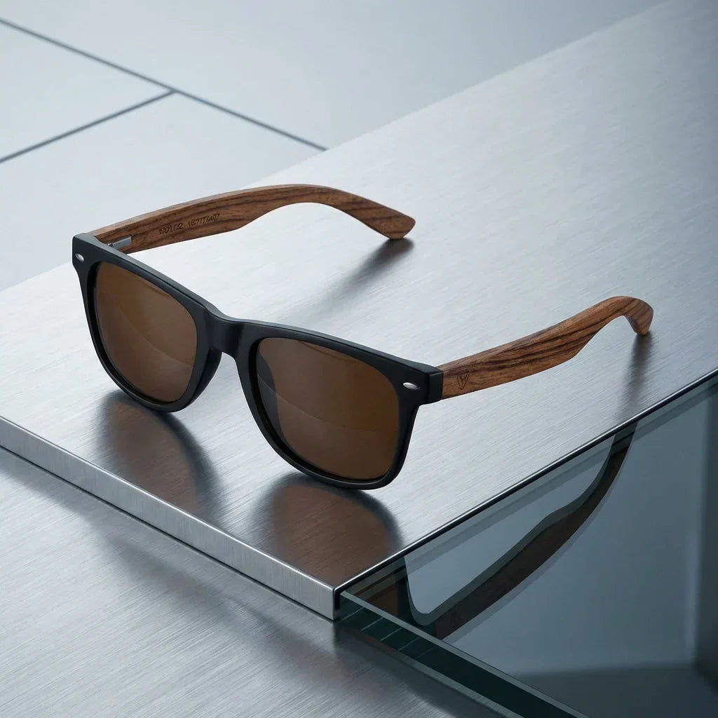 Lentes sol Acacia polarizados UV400 madera zebrano Negro Brown sobre metal cepillado superficie industrial Bonoboss #editorial_grid1 #color_negro-brown