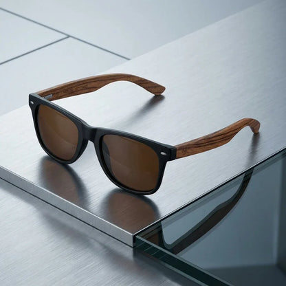 Lentes sol Acacia polarizados UV400 madera zebrano Negro Brown sobre metal cepillado superficie industrial Bonoboss #editorial_grid1 #color_negro-brown