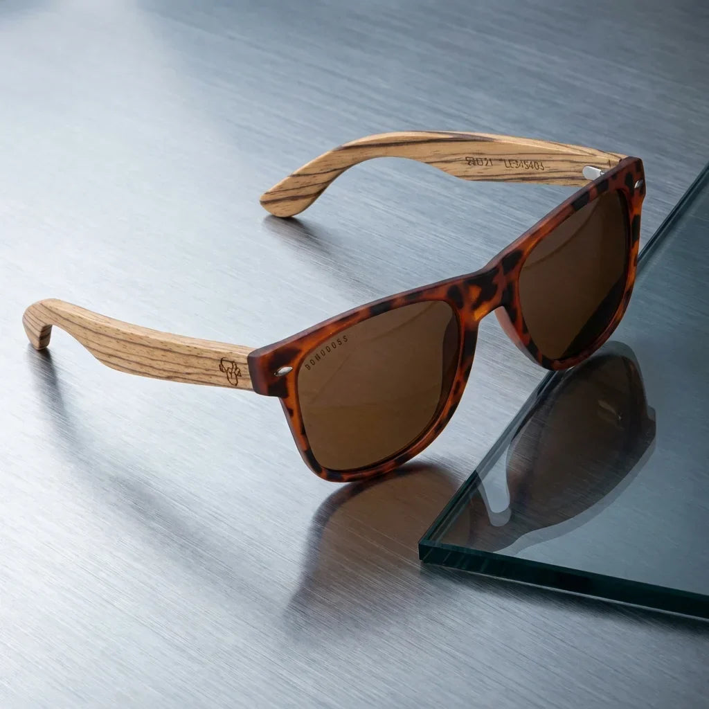 Lentes sol Acacia polarizados UV400 madera zebrano Carey Brown sobre metal cepillado superficie industrial Bonoboss #editorial_grid1 #color_carey-brown