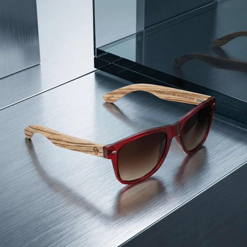 Lentes sol Acacia polarizados UV400 madera zebrano Wine Gradiente Cafe sobre metal cepillado superficie industrial Bonoboss #editorial_grid1 #color_wine-gradiente-cafe