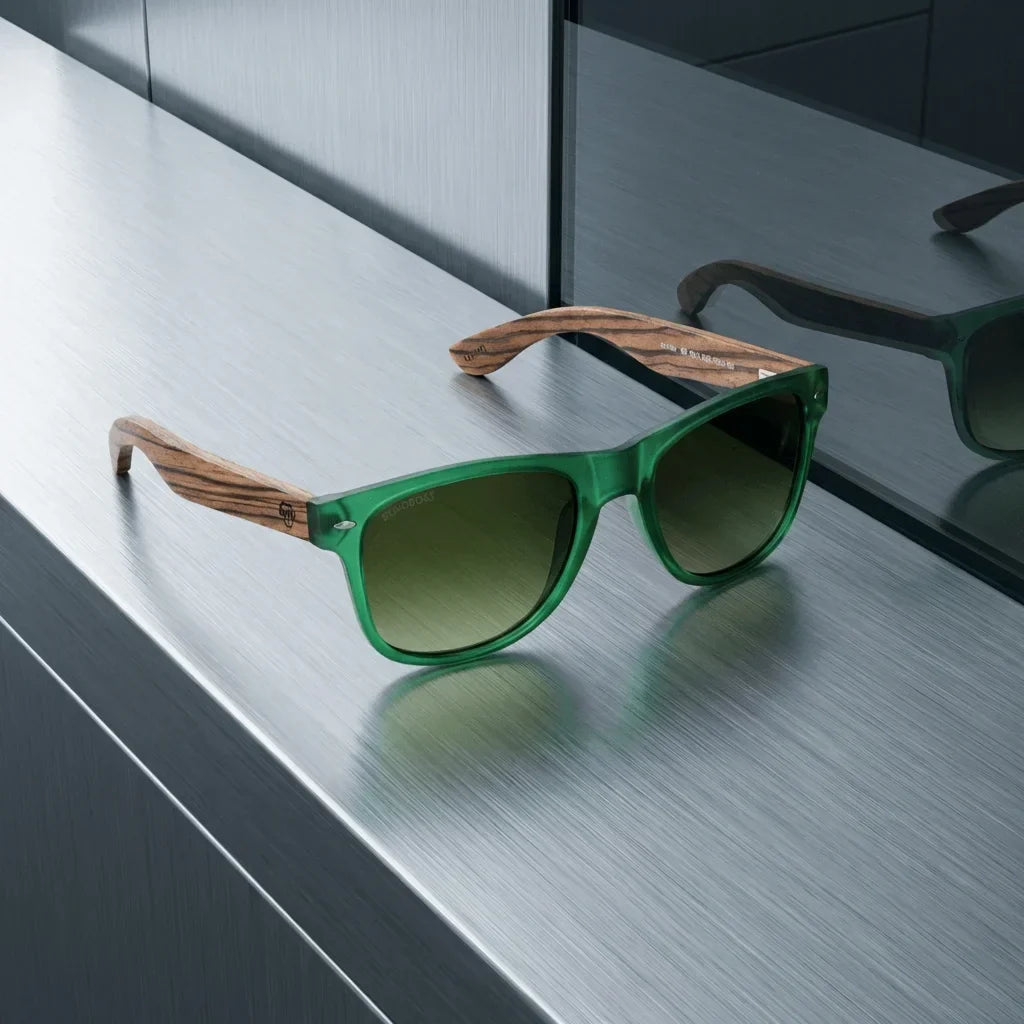 Lenses sun acacia polarized UV400 wood zebrawood forest gradient olive sobre brushed metal industrial surface bonoboss #editorial_grid1 #color_forest-gradiente-olive