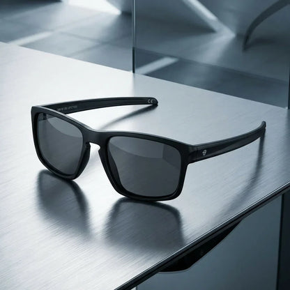 Lentes sol Lautaro RPET polarizados UV400 RPET reciclado negro sobre superficie metal brushed industrial Bonoboss #editorial_grid1 #color_negro