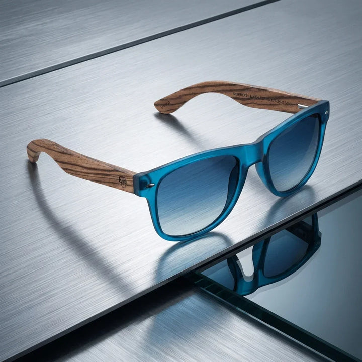 Lenses sun acacia polarized UV400 wood zebrawood ocean gradient blue sobre brushed metal industrial surface bonoboss #editorial_grid1 #color_ocean-gradiente-azul