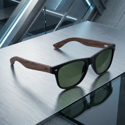 Lentes sol Acacia Nogal polarizados UV400 G15 sobre superficie metal brushed industrial Bonoboss #editorial_grid1 #color_g15