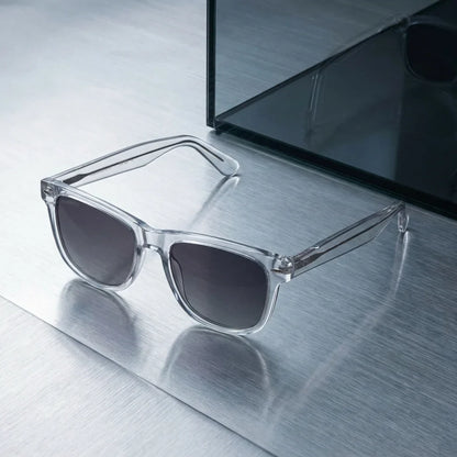 Lentes sol Acacia XL Vintage Sol Polarizado UV400 transparente sobre superficie metal brushed industrial Bonoboss #editorial_grid1 #color_transparente