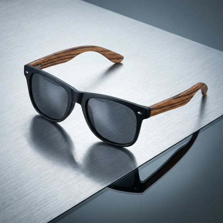 Lenses sun acacia polarized UV400 wood zebrawood black smoke sobre brushed metal industrial surface bonoboss #editorial_grid1 #color_negro-smoke