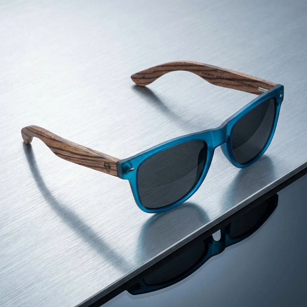Lentes sol Acacia polarizados UV400 madera zebrano Ocean Smoke sobre metal cepillado superficie industrial Bonoboss #editorial_grid1 #color_ocean-smoke