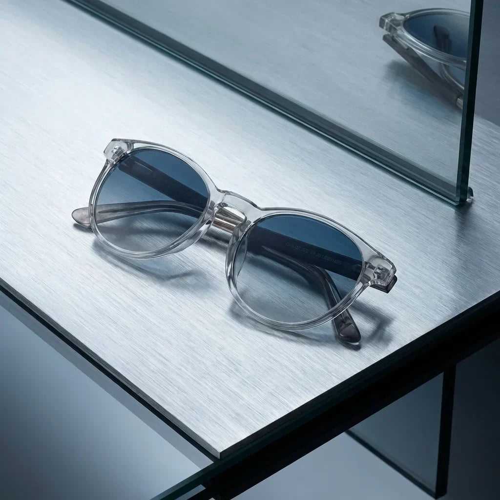 Lentes sol Chiloe 220 Black polarizados UV400 degrade azul sobre superficie metal brushed industrial Bonoboss #editorial_polarizado #color_degrade-azul