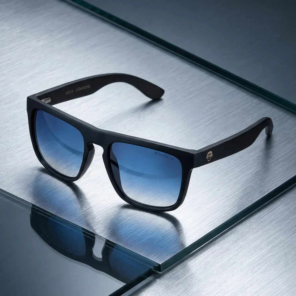 Lentes sol Lautaro Dark polarizados UV400 acetato degrade azul sobre superficie metal brushed industrial Bonoboss #editorial_grid1 #color_degrade-azul