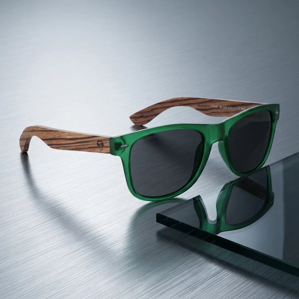 Lentes sol Acacia polarizados UV400 madera zebrano Forest Smoke sobre metal cepillado superficie industrial Bonoboss #editorial_grid1 #color_forest-smoke