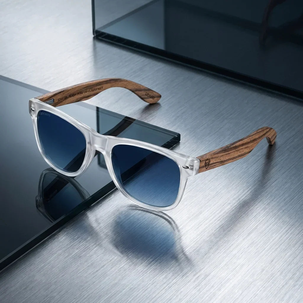 Lentes sol Acacia polarizados UV400 madera zebrano Transparente Gradiente Azul sobre metal cepillado superficie industrial Bonoboss #editorial_grid1 #color_transparente-gradiente-azul