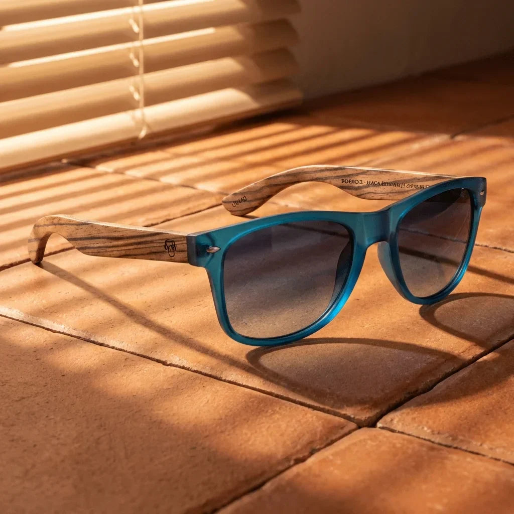 Lenses sun acacia polarized UV400 wood zebrawood ocean gradient blue sobre warm artisanal terracotta texture bonoboss #editorial_detail1 #color_ocean-gradiente-azul