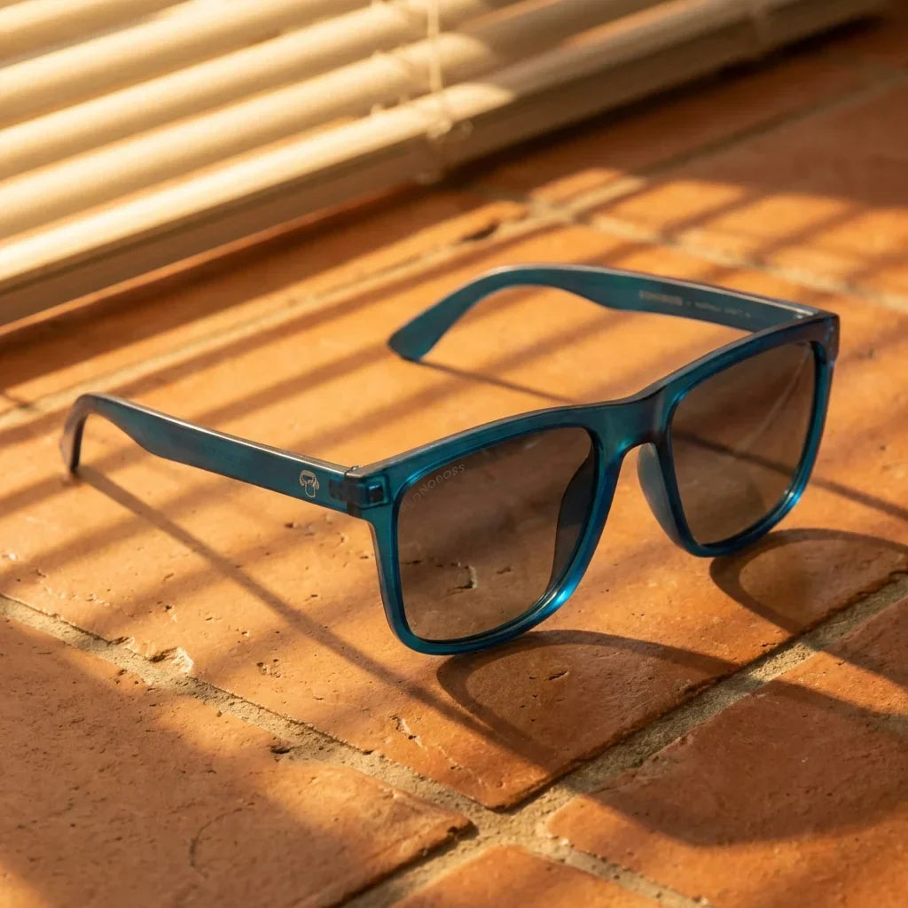 Lentes sol Rapanui RPET polarizados UV400 RPET reciclado light ocean sobre terracota textura artesanal Bonoboss #editorial_grid1 #color_light-ocean