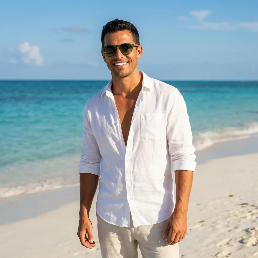 Hombre usando lentes sol Galapagos acetato madera polarizados forest playa oceano proteccion UV400 Bonoboss #editorial_banner #color_forest