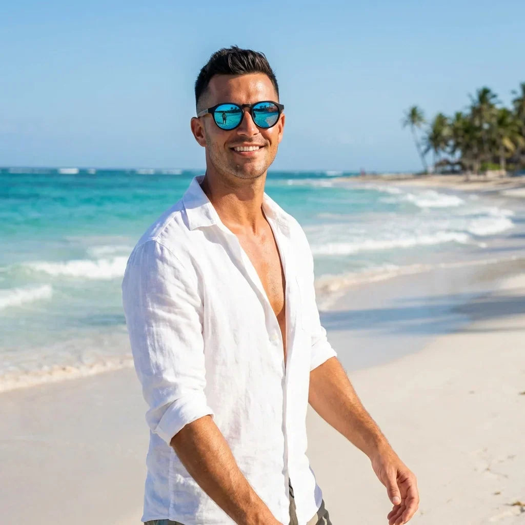 Hombre usando lentes sol Galapagos acetato madera polarizados negro sky playa oceano proteccion UV400 Bonoboss #editorial_detail1 #color_negro-sky