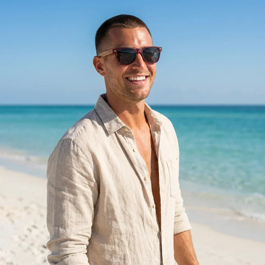 Hombre usando lentes sol Acacia madera zebrano polarizados Wine Smoke hombre en playa proteccion solar UV400 Bonoboss #editorial_detail1 #color_wine-smoke