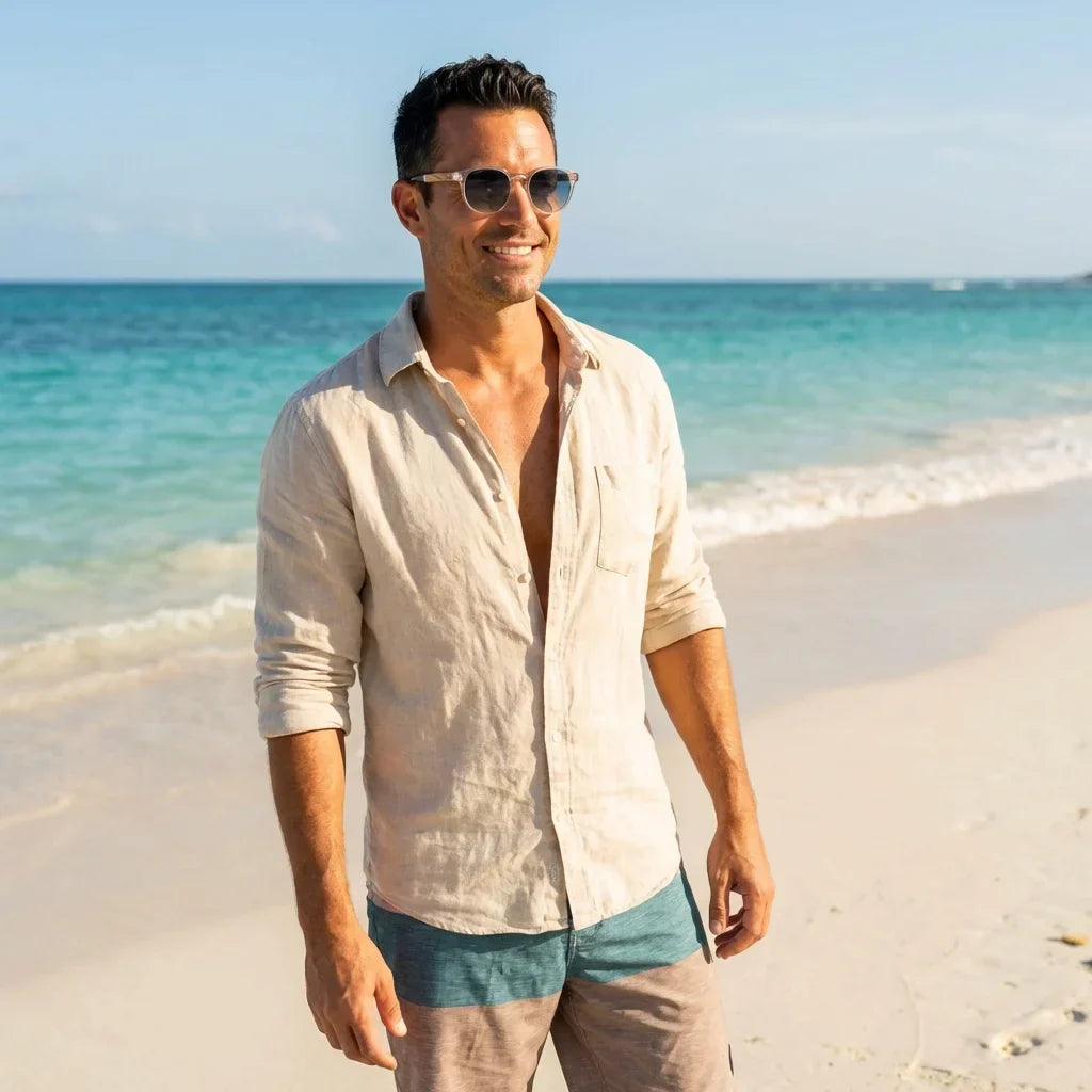 Hombre usando lentes sol Galapagos madera nogal polarizados Transparente hombre en playa proteccion solar UV400 Bonoboss #editorial_detail1 #color_transparente