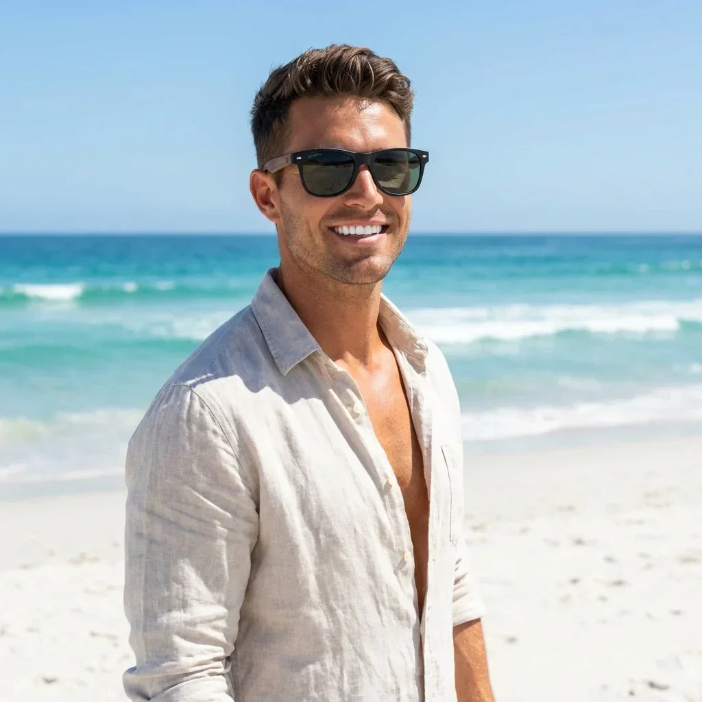 Hombre usando lentes sol Acacia Nogal polarizados G15 playa oceano proteccion UV400 Bonoboss #editorial_detail1 #color_g15
