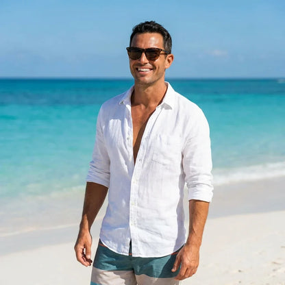 Hombre usando lentes sol Hanga Roa bio-acetato polarizados carey playa costa proteccion solar UV400 Bonoboss #editorial_detail2 #color_carey