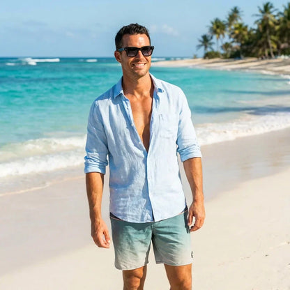 Hombre usando lentes sol Bruno bio-acetato polarizados Degrade hombre en playa proteccion solar UV400 Bonoboss #editorial_detail1 #color_degrade