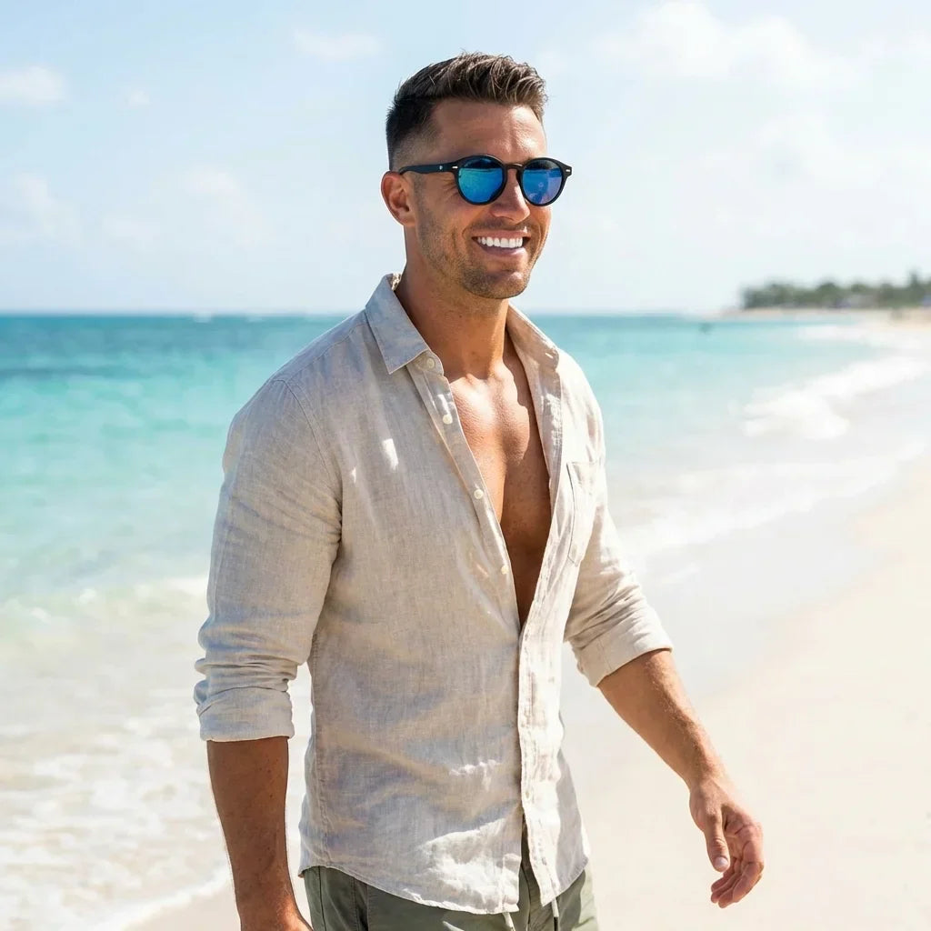 Hombre usando lentes sol Joplin RPET RPET reciclado del oceano polarizados espejado azul playa arena oceano proteccion UV estilo costero Bonoboss #editorial_detail1 #color_espejado-azul
