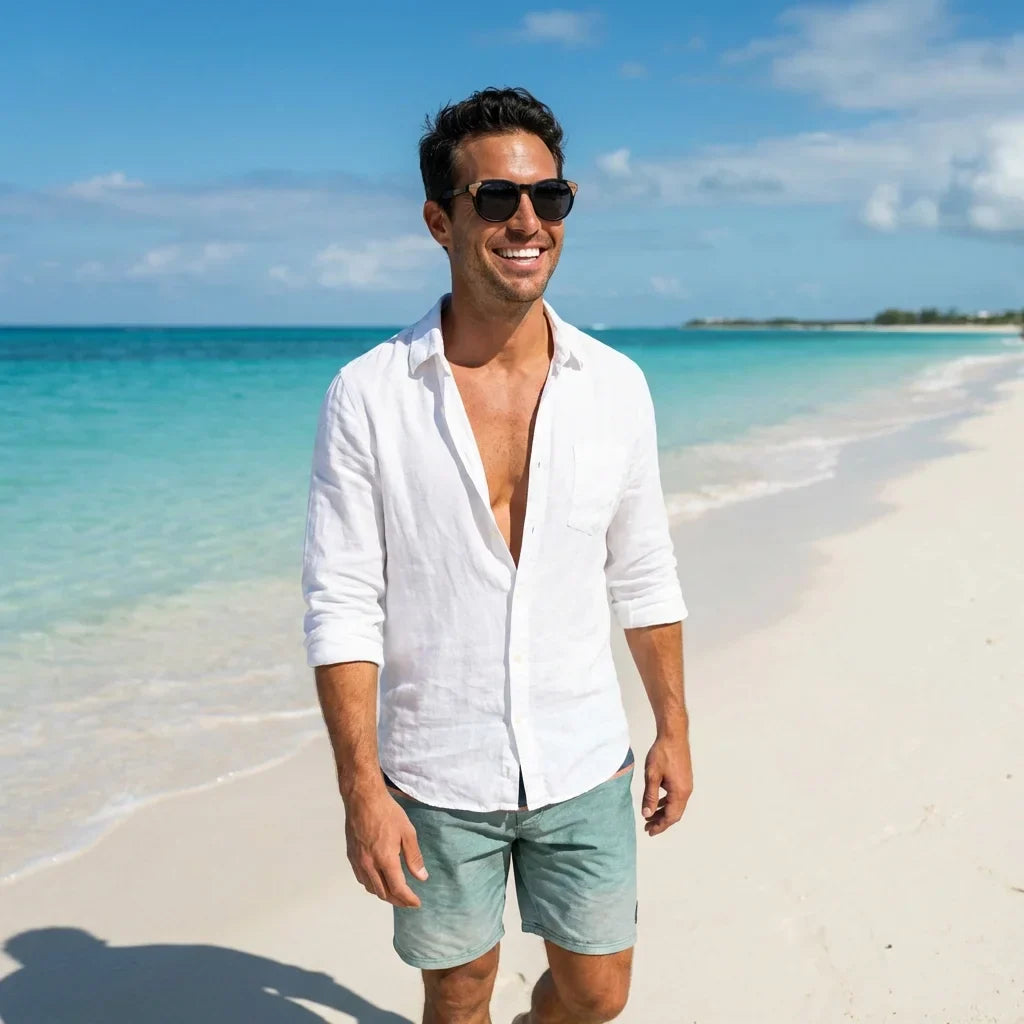 Men wearing lenses sun chiloe 0084 bio-acetate polarized black playa arena UV protection outdoor bonoboss #editorial_sustentabilidad #color_negro