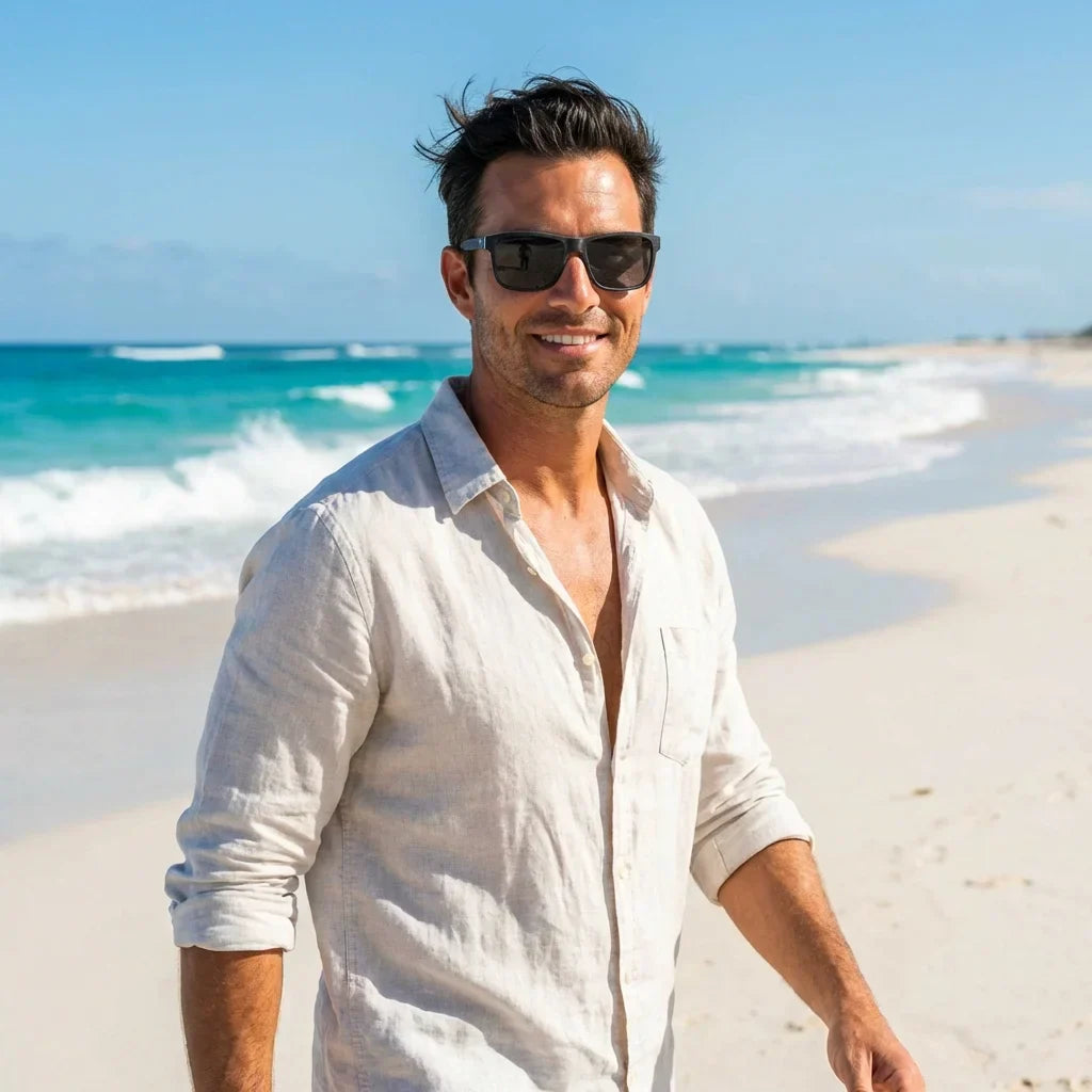 Men wearing lenses sun keule wood polarized darkblue playa arena oceano UV protection estilo coastal bonoboss #editorial_detail1 #color_darkblue