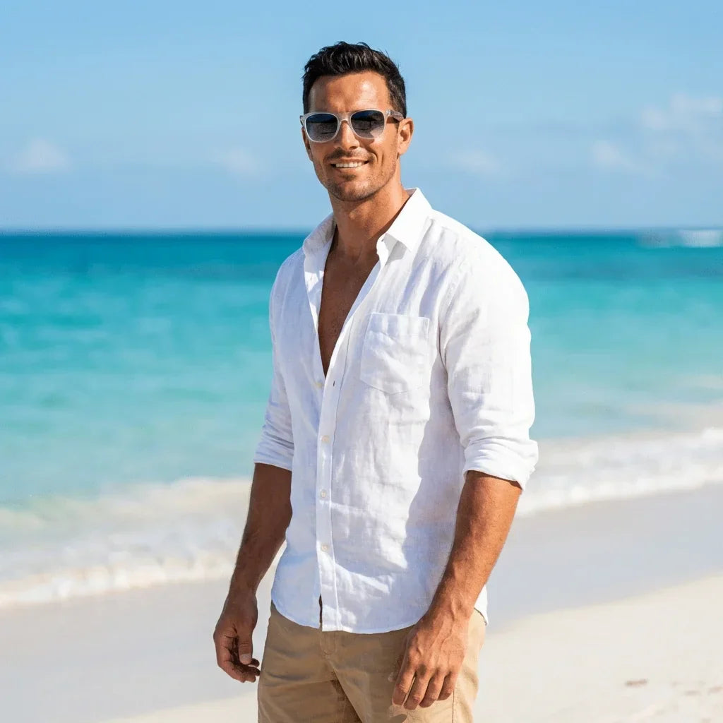 Hombre usando lentes sol Acacia madera zebrano polarizados Transparente Gradiente Azul hombre en playa proteccion solar UV400 Bonoboss #editorial_detail1 #color_transparente-gradiente-azul