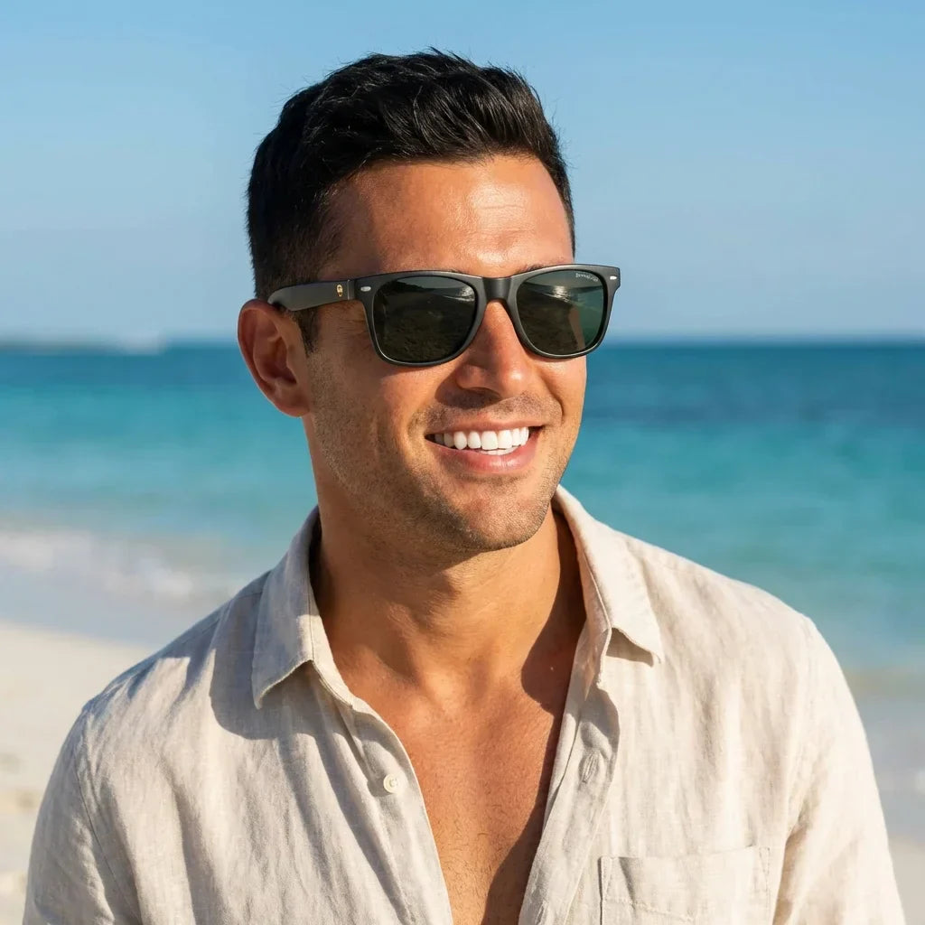 Hombre usando lentes sol Acacia Dark madera acacia polarizados g15 playa costa proteccion solar UV400 estilo Bonoboss #editorial_banner #color_g15