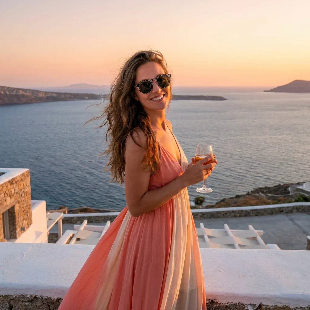 Mujer usando lentes sol Galapagos acetato madera polarizados gris playa arena proteccion solar UV400 Bonoboss #editorial_banner #color_gris