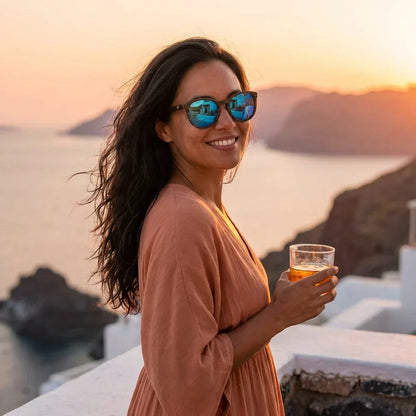 Mujer usando lentes sol Meli Ebony madera ebony polarizado polarizados Espejado Azul mujer en playa arena proteccion solar Bonoboss #editorial_sustentabilidad #color_espejado-azul