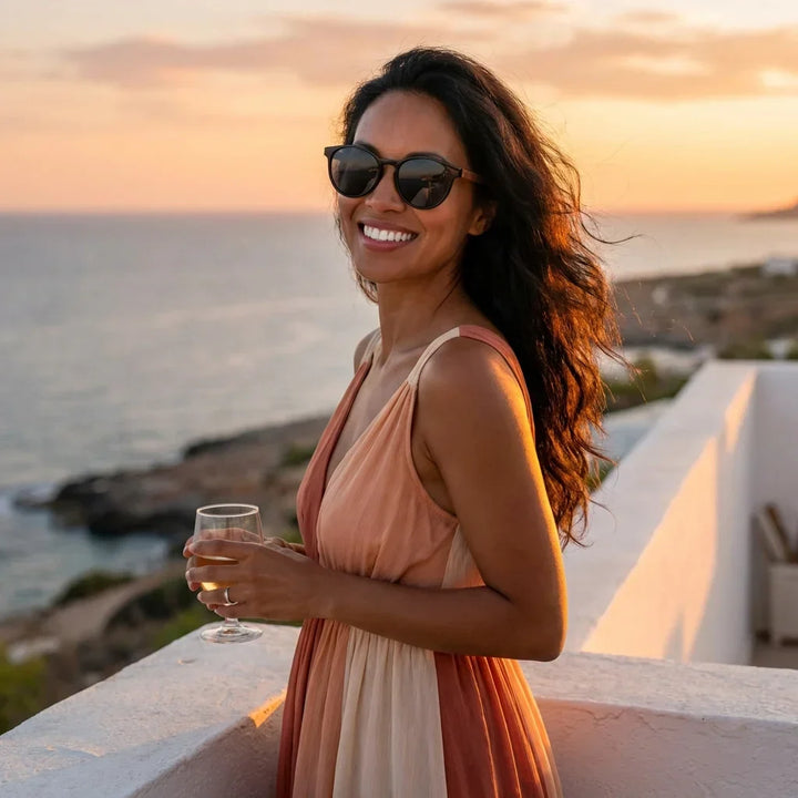 Women wearing lenses sun chiloe 220 black polarized black playa arena sun protection UV400 bonoboss #editorial_banner #color_black