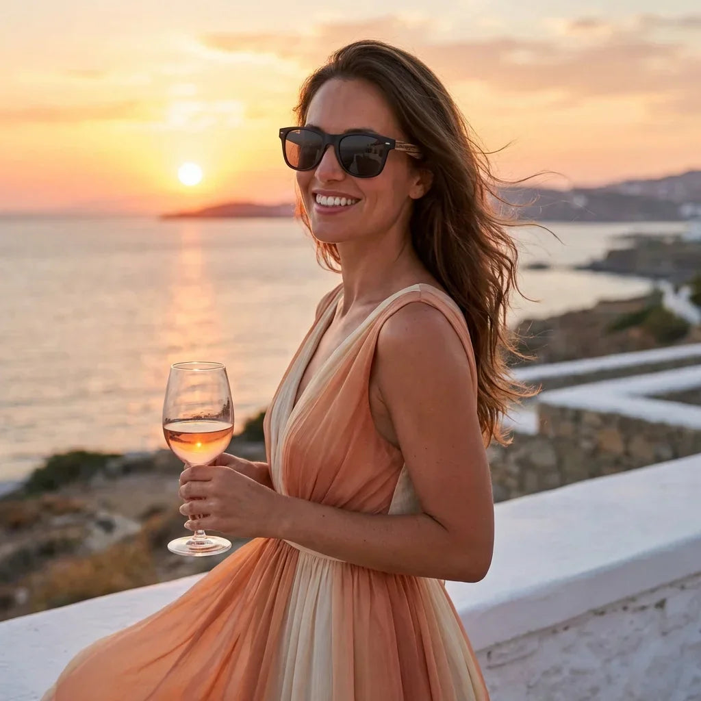 Mujer usando lentes sol Acacia Designers polarizados fisherman playa arena proteccion solar UV400 Bonoboss #editorial_banner #color_fisherman