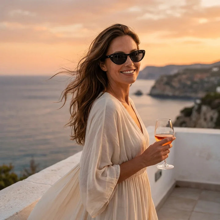 Women wearing lenses sun havana bio-acetate polarized black playa arena oceano UV protection estilo coastal bonoboss #editorial_detail2 #color_negro