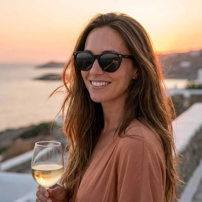 Mujer usando lentes sol Hanga Roa bio-acetato polarizados negro playa costa proteccion solar UV400 verano Bonoboss #editorial_detail2 #color_negro