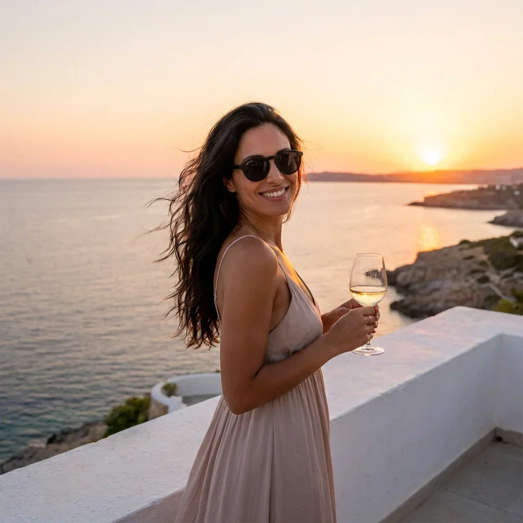 Mujer usando lentes sol Galapagos acetato madera polarizados negro smoke playa arena proteccion solar UV400 Bonoboss #editorial_banner #color_negro-smoke