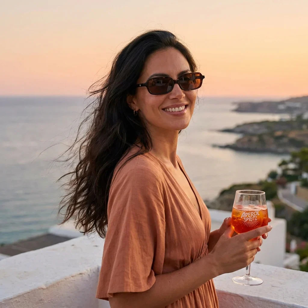 Mujer usando lentes sol Navarino bio-acetato polarizados carey playa arena oceano proteccion UV estilo costero Bonoboss #editorial_detail2 #color_carey