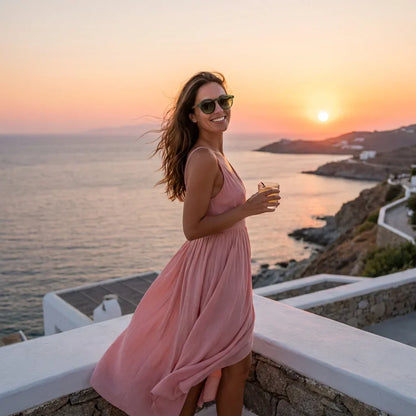 Mujer usando lentes sol Galapagos acetato madera polarizados forest playa arena proteccion solar UV400 Bonoboss #editorial_sustentabilidad #color_forest